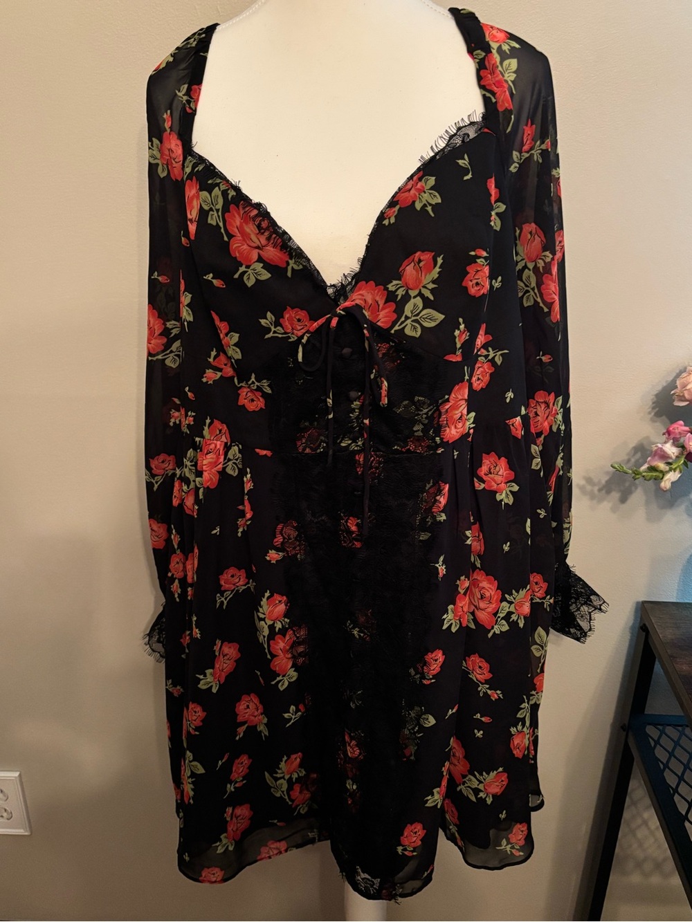 ASOS Black Floral Lace-Trim Slip Dress with Red Rose Print